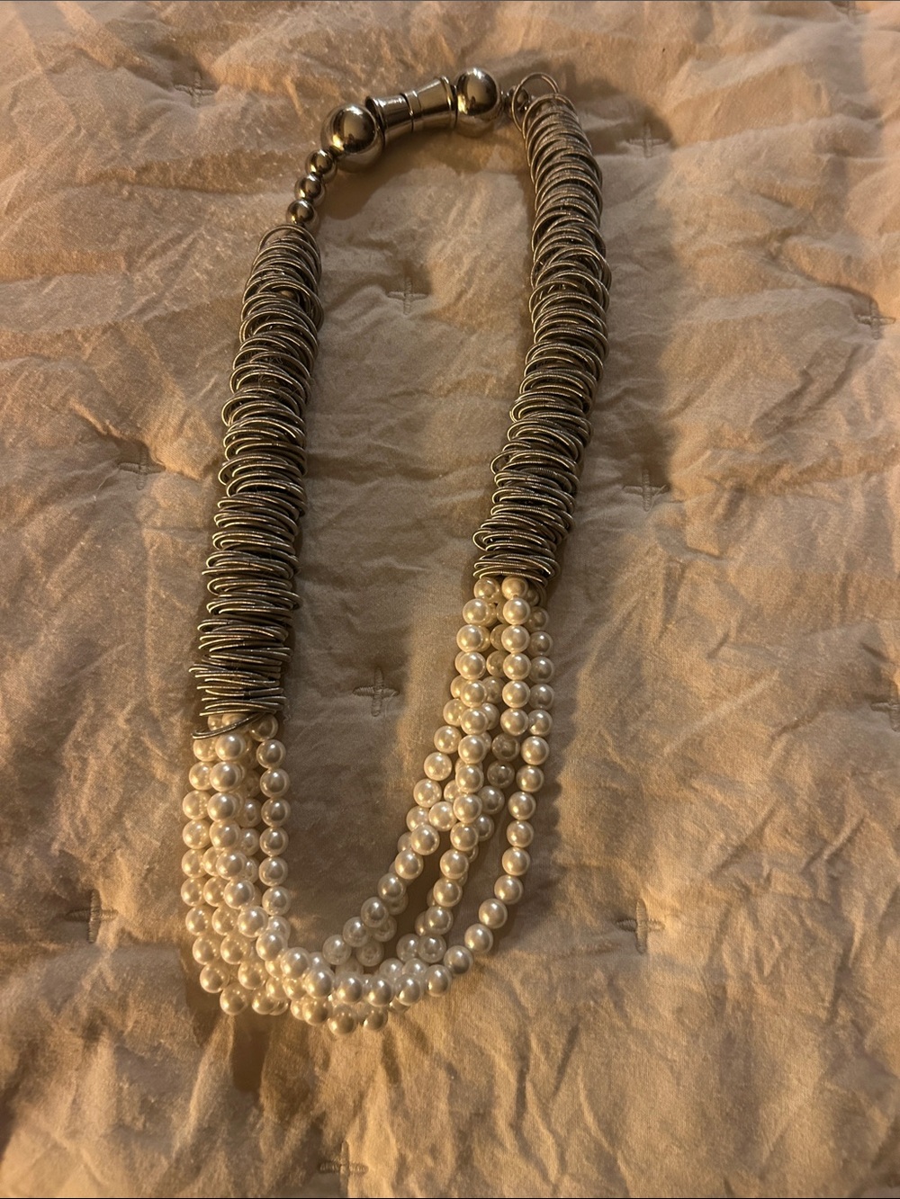 Multi-Strand Cream Pearl Necklace with Silver-Tone Piano Wire Coil Accents